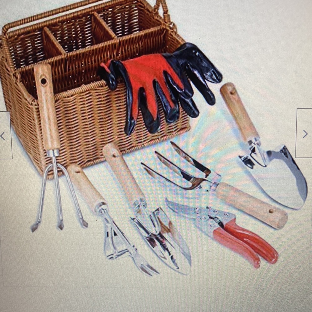 SOLIGT8-PIECE GARDENING HAND TOOLS W STORAGE ORGANIZER BASKET NWT